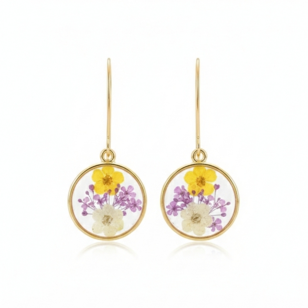 🆕️ Artisan With Real Floral & Resin Gold Purple Yellow Floral Drop Earrings